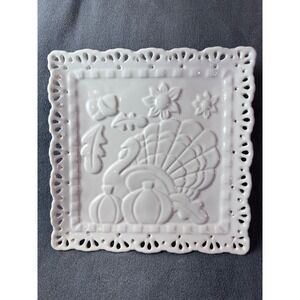 Nantucket Home White Ceramic Turkey Pumpkin Square Plate Thanksgiving Harvest 8"